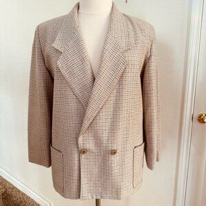 Vintage TanJay wool/poly blazer. Size 16. Cream, lt brown herringbone pattern.
